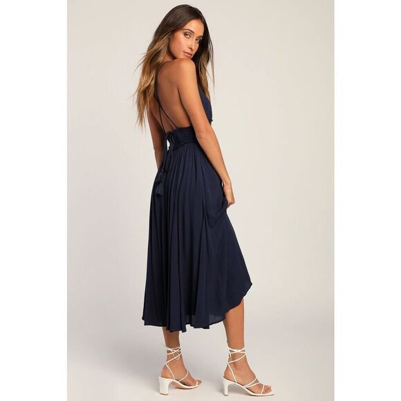 Lulus Essentially Elegant Navy Blue Sleeveless Backless Midi Dress Size M New - Picture 2 of 11